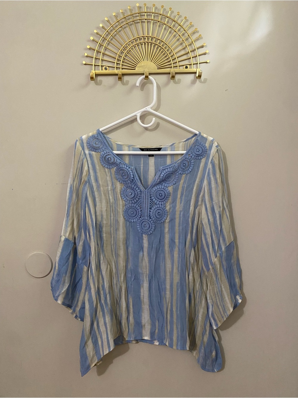 Zac & Rachel Blue and White Striped Crochet V-Neck Tunic